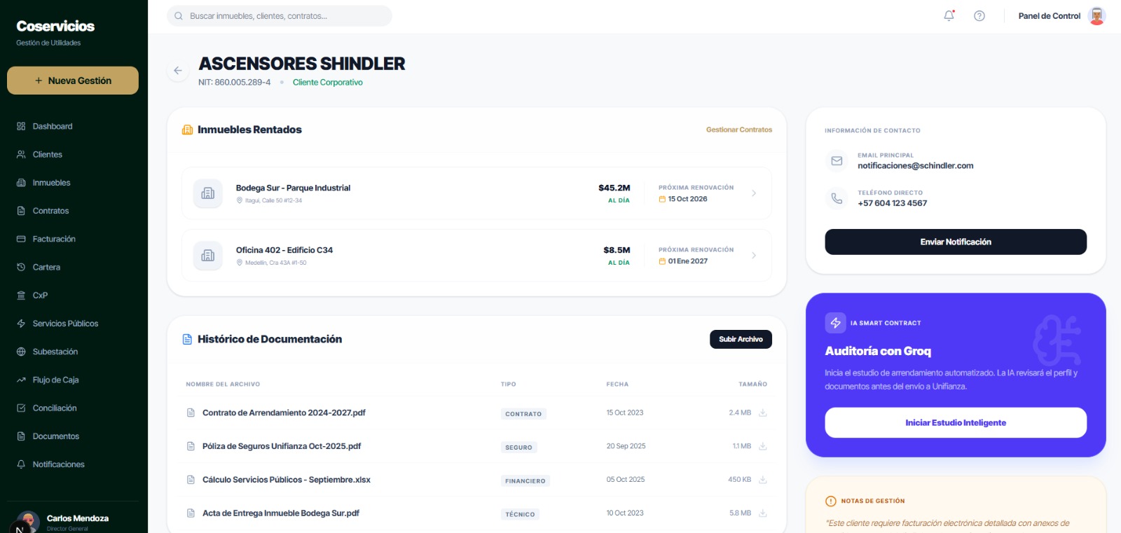Coservicios — detalle de cliente con auditoría IA
